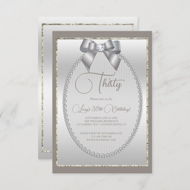 Elegant Silver Jeweled Bow Birthday Invitation (Front/Back)