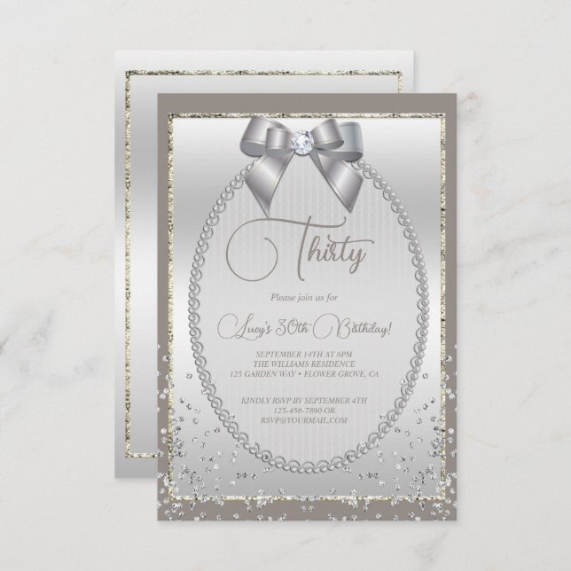 Elegant Silver Jeweled Bow & Confetti Birthday Invitation (Front/Back)
