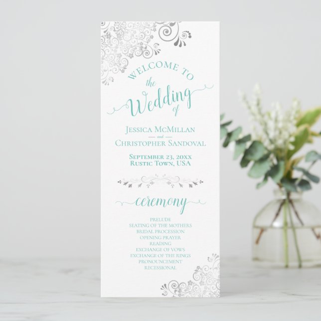 Elegant Silver Lace Aqua Teal on White Wedding Programme (Standing Front)