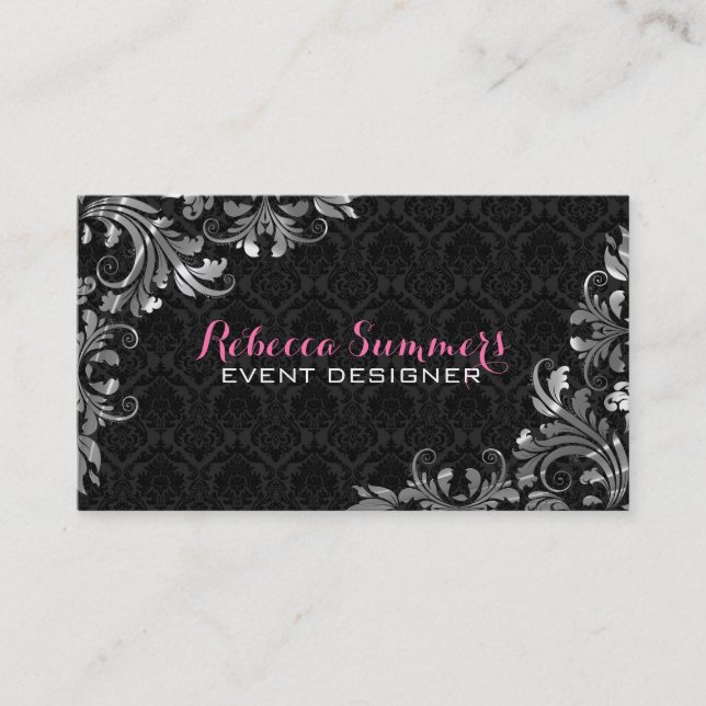 Elegant Silver Lace Black Damasks Business Card (Front)