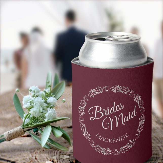 Elegant Silver Lace Burgundy Bridesmaid Wedding Can Cooler (Creator Uploaded)