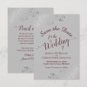 Elegant Silver Lace Burgundy on Grey Wedding Save The Date