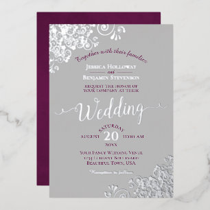Elegant Silver Lace Cassis Purple on Grey Wedding