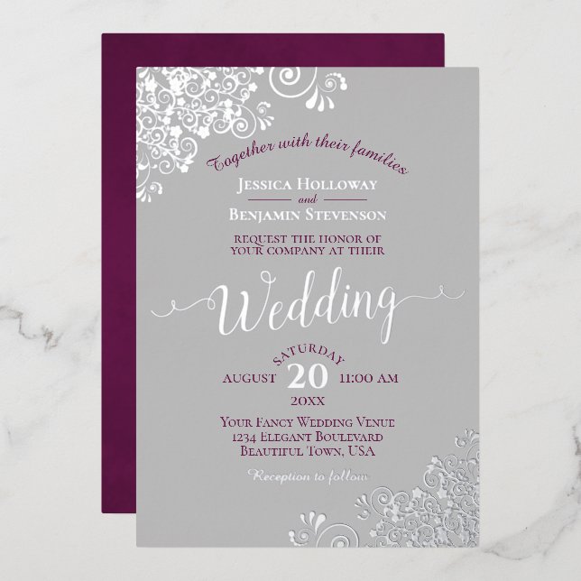 Elegant Silver Lace Cassis Purple on Grey Wedding (Front/Back)