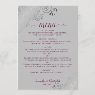Elegant Silver Lace Cassis Purple on Grey Wedding Menu