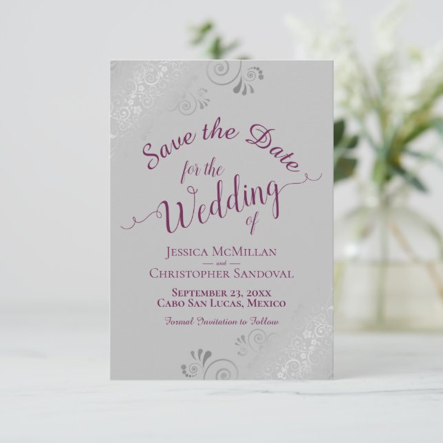 Elegant Silver Lace Cassis Purple on Grey Wedding Save The Date (Standing Front)