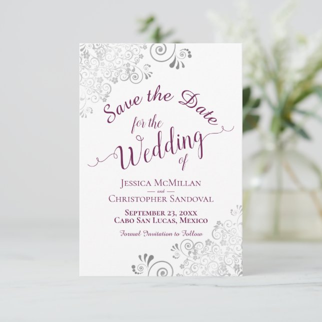 Elegant Silver Lace Cassis Purple on White Wedding Save The Date (Standing Front)