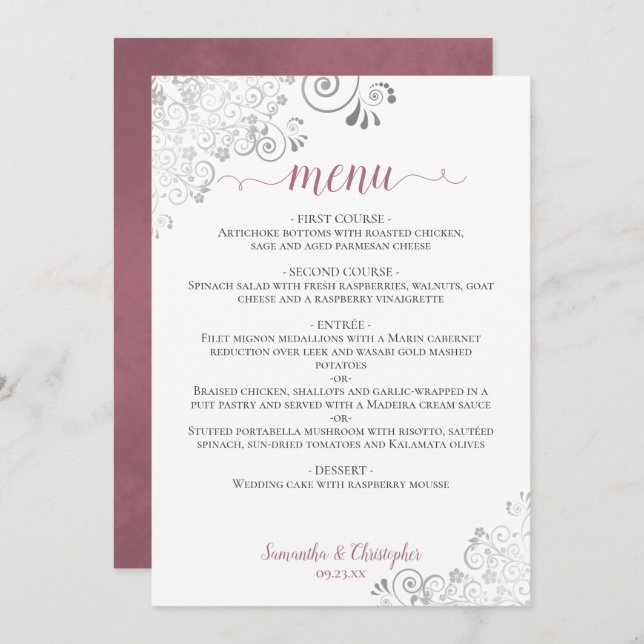 Elegant Silver Lace Dusty Rose on White Wedding Menu (Front/Back)