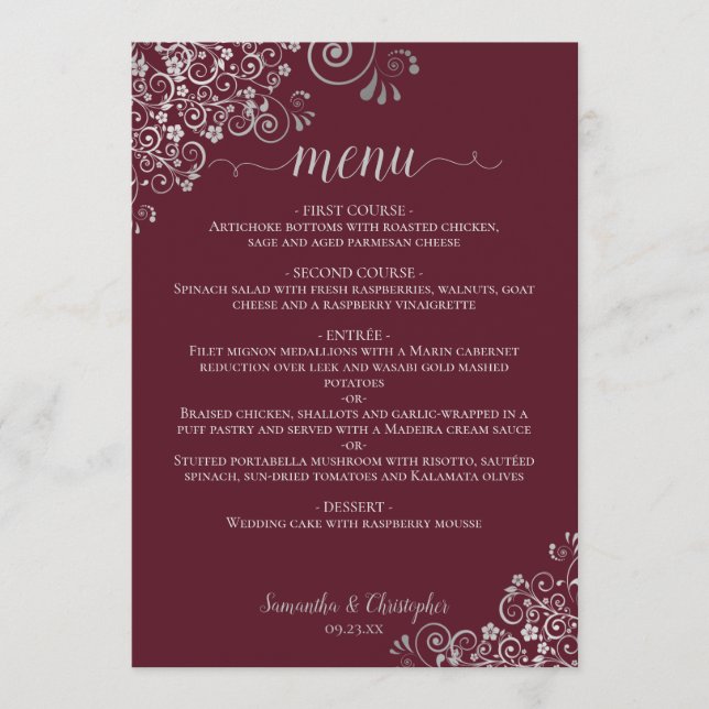 Elegant Silver Lace Frills on Burgundy Wedding Menu (Front)