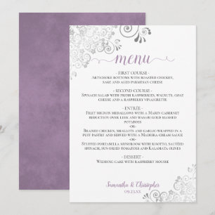 Elegant Silver Lace Lavender on White Wedding Menu