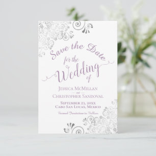 Elegant Silver Lace Lavender & White Wedding Save The Date