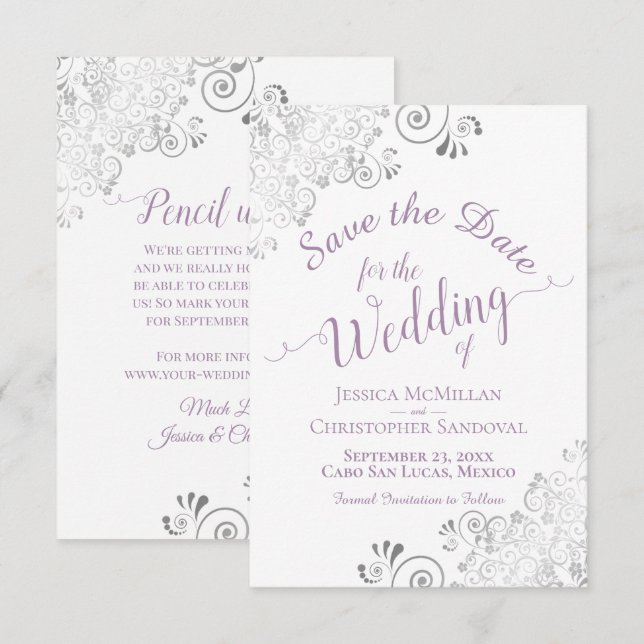 Elegant Silver Lace Lavender & White Wedding Save The Date (Front/Back)