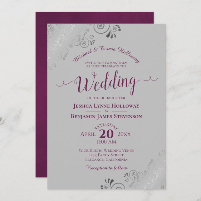 Elegant Silver Lace Magenta on Grey Formal Wedding Invitation (Front/Back)