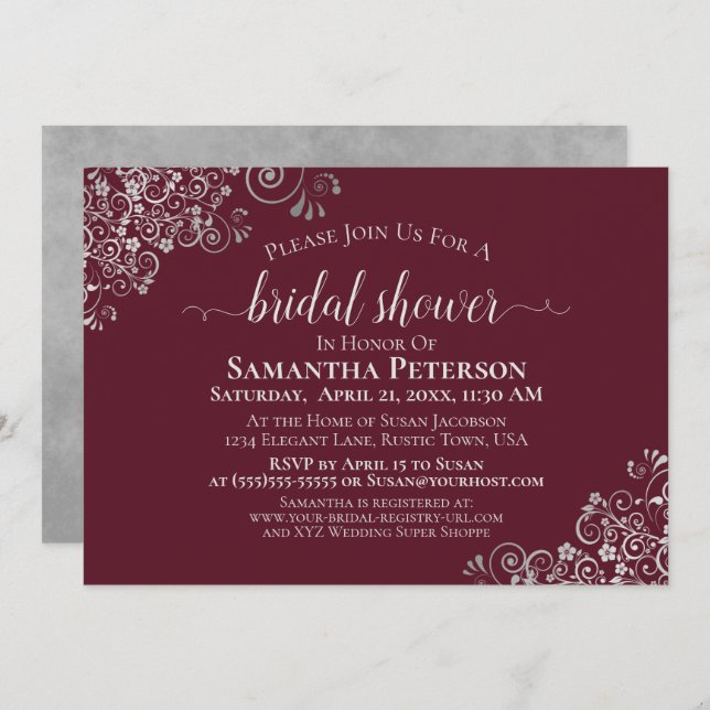 Elegant Silver Lace on Burgundy Bridal Shower Invitation (Front/Back)