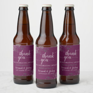 Elegant Silver Lace on Cassis Wedding Thank You Beer Bottle Label