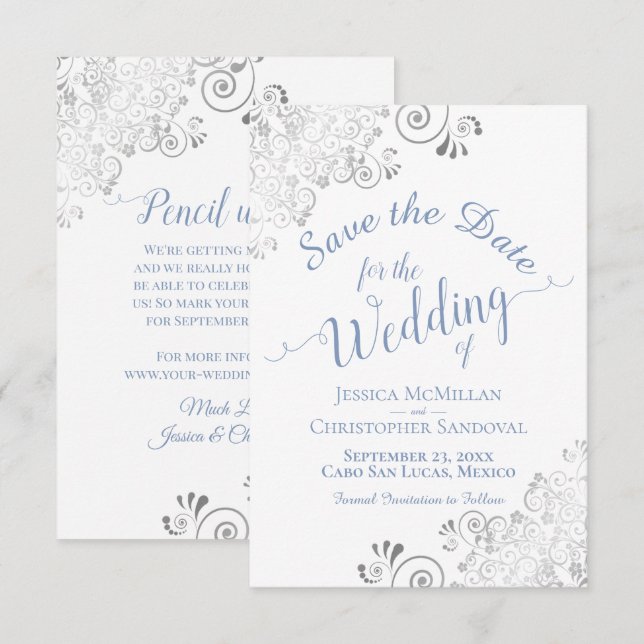 Elegant Silver Lace Periwinkle Blue White Wedding Save The Date (Front/Back)