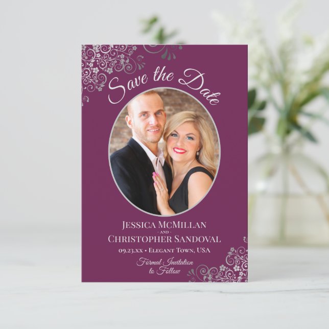 Elegant Silver Lace & Photo on Magenta Wedding Save The Date (Standing Front)
