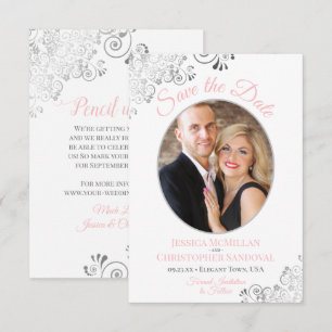 Elegant Silver Lace Photo Pink Grey White Wedding Save The Date