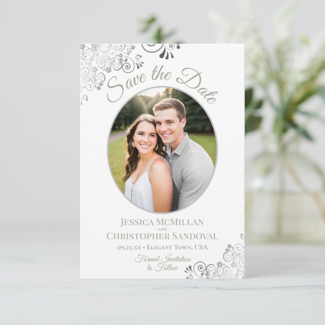 Elegant Silver Lace Photo Sage on White Wedding Save The Date (Standing Front)
