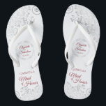 Elegant Silver Lace & Red Maid of Honour Wedding Jandals<br><div class="desc">These cute flip flops are a fun way to thank and recognise the Maid of Honour at your wedding. Features an elegant design with silver grey lace on a white background and fancy crimson red script lettering. There is room for her name and title, as well as the names of...</div>