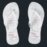 Elegant Silver Lace & Red Maid of Honour Wedding Jandals<br><div class="desc">These cute flip flops are a fun way to thank and recognise the Maid of Honour at your wedding. Features an elegant design with silver grey lace on a white background and fancy crimson red script lettering. There is room for her name and title, as well as the names of...</div>