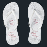 Elegant Silver Lace Red Script Bridesmaid Wedding Jandals<br><div class="desc">These cute flip flops are a fun way to thank and recognise the bridesmaids at your wedding. Features an elegant design with silver grey lace on a white background and fancy crimson red script lettering. There is room for her name and title, as well as the names of the wedding...</div>