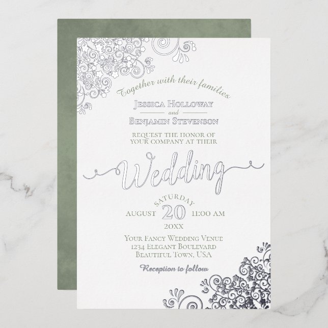 Elegant Silver Lace & Sage Green on White Wedding  (Front/Back)