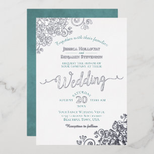 Elegant Silver Lace & Teal on White Wedding