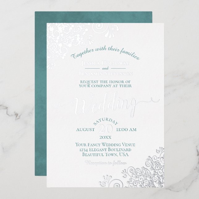 Elegant Silver Lace & Teal on White Wedding (Front/Back)