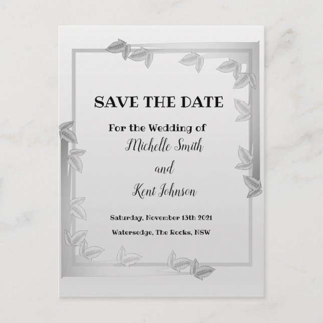 Elegant Silver Leaves Design Save The Date Card (Front)