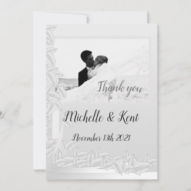 Elegant Silver Leaves Wedding Thank You Flat Card (Front)