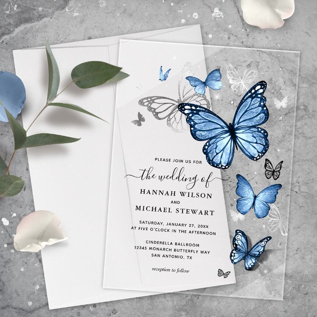 Elegant Silver Light Baby Blue Butterfly Wedding Acrylic Invitations (Elegant baby blue butterfly acrylic wedding invitations that will bring your fairy tale to life!)