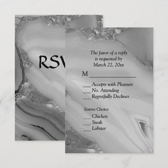 Elegant Silver Marble Agate RSVP with Menu Choices (Front/Back)