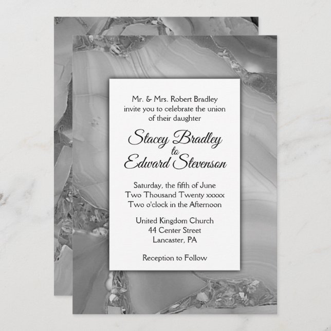 Elegant Silver Marble Agate Wedding Invitation (Front/Back)