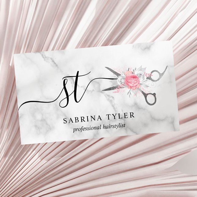 Elegant silver marble floral scissors hairstylist  business card (Creator Uploaded)
