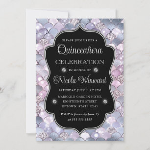 Elegant Silver Mermaid Scales Frame Quinceanera Invitation