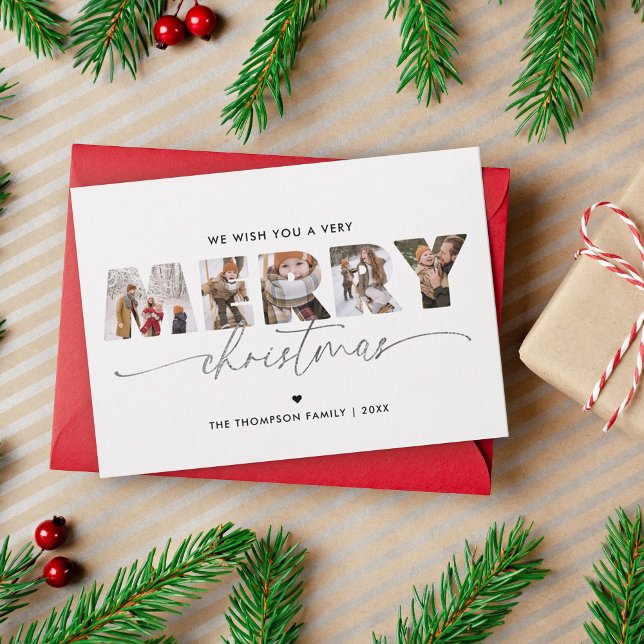 Elegant Silver Merry Christmas Photo Collage Holiday Card (Creator Uploaded)