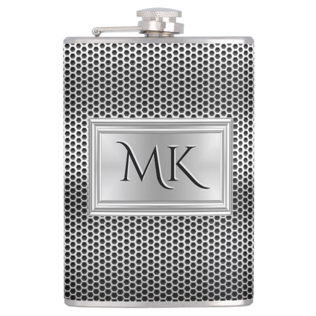Elegant Silver Metal Mesh look Monogram Hip Flask (Front)