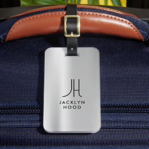 Elegant Silver Metallic Brushed Monogram Initial  Luggage Tag