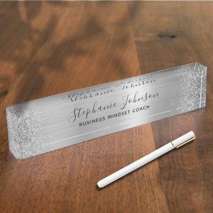 Elegant Silver Metallic Glitter Boss Lady Nameplate