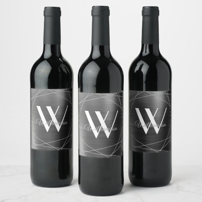 Elegant Silver Metallic Monogram Geometric Name Wine Label (Bottles)