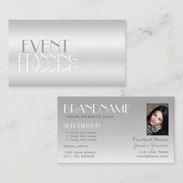 Elegant Silver Mirror Letters with Photo Modern Business Card (Front/Back)