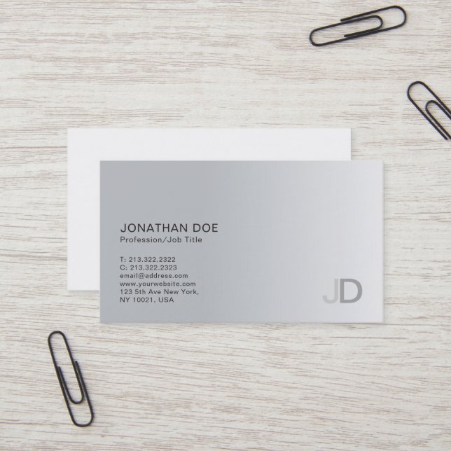Elegant Silver Modern Professional Monogram Plain Business Card (Front/Back In Situ)