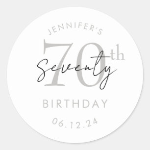 Elegant Silver Modern Script 70th Birthday Party  Classic Round Sticker