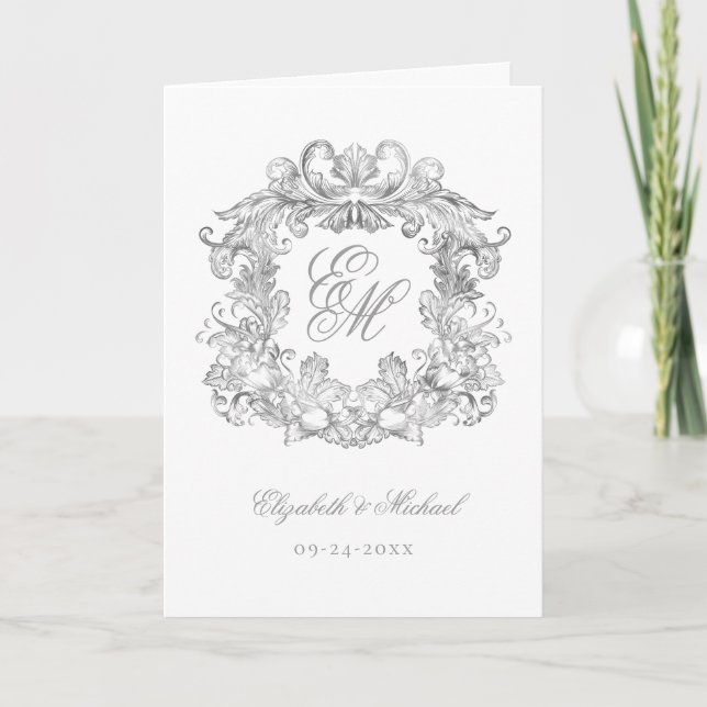 Elegant Silver Monogram Crest Wedding Invitation (Front)