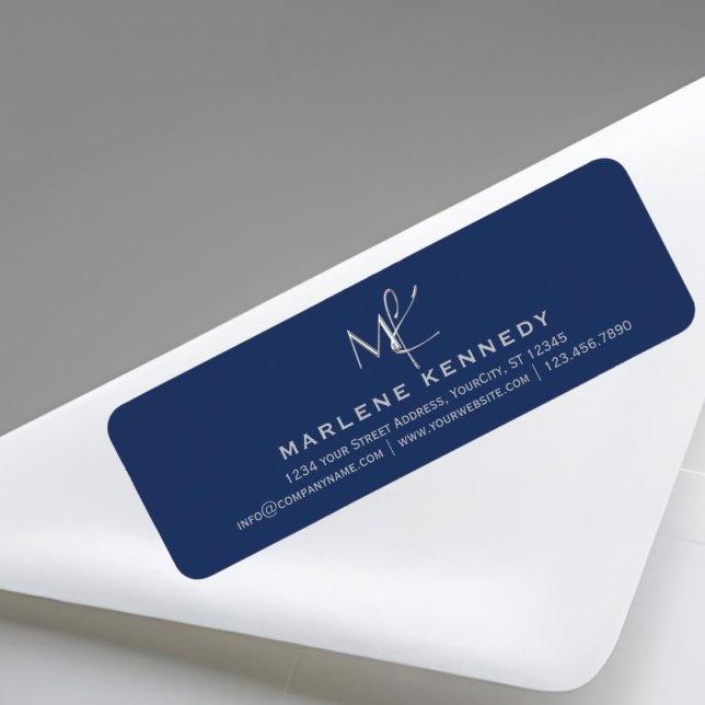 Elegant Silver Monogram Navy Blue Return Address (Creator Uploaded)