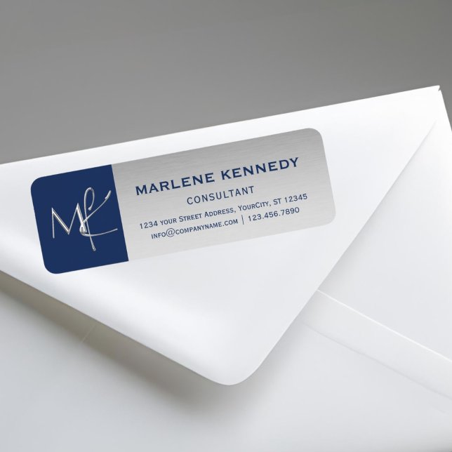 Elegant Silver Monogram Navy Blue Return Address L (Creator Uploaded)
