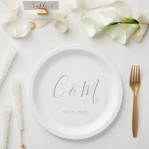 Elegant Silver Monogram Wedding Paper Plates
