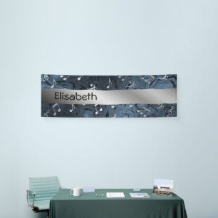 elegant silver music notes in blue banner