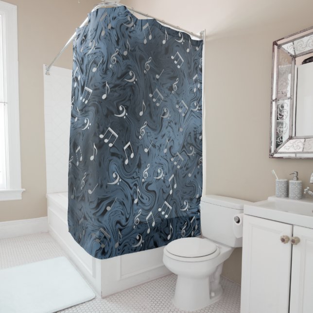 elegant silver music notes in blue shower curtain (In Situ)